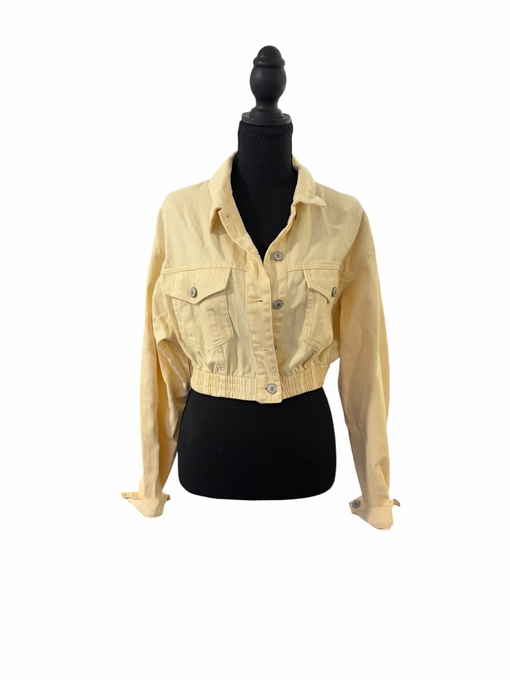 Love Tree Cropped Pale Yellow Bomber Denim Jacket